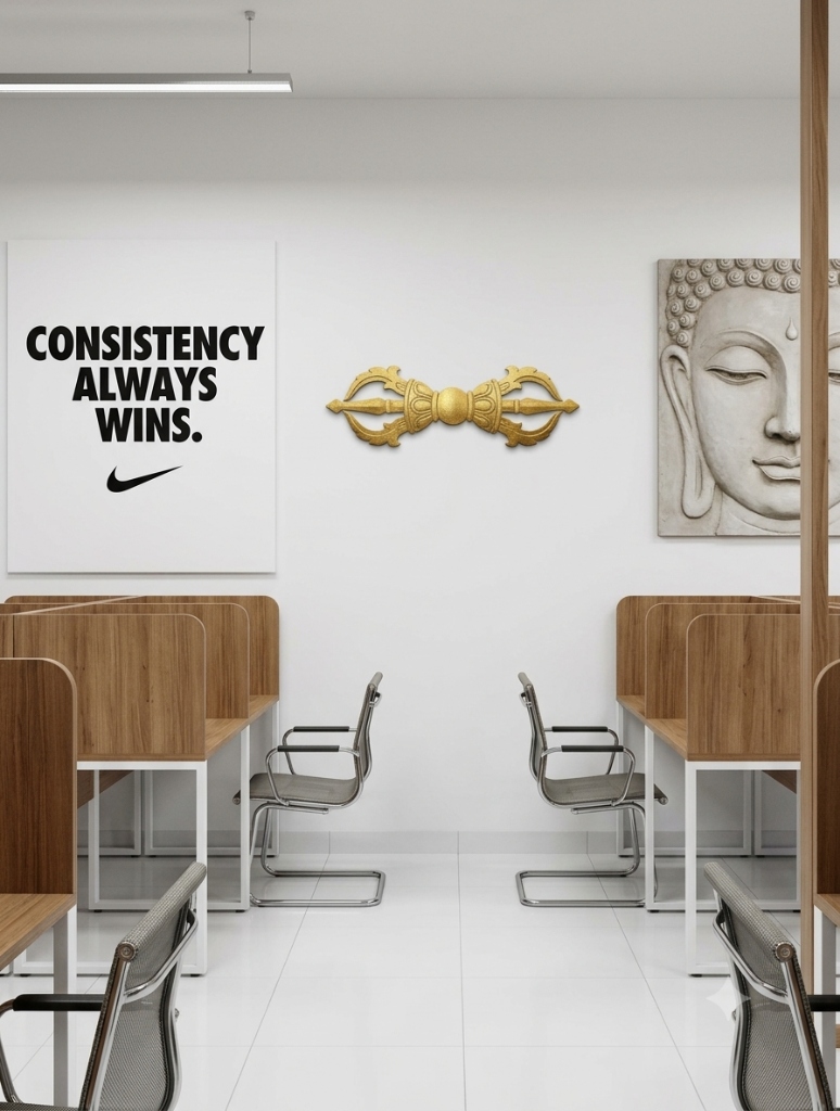 Bajra Law & Associates office workspace showing modern desks, vajra, and Buddha wall relief