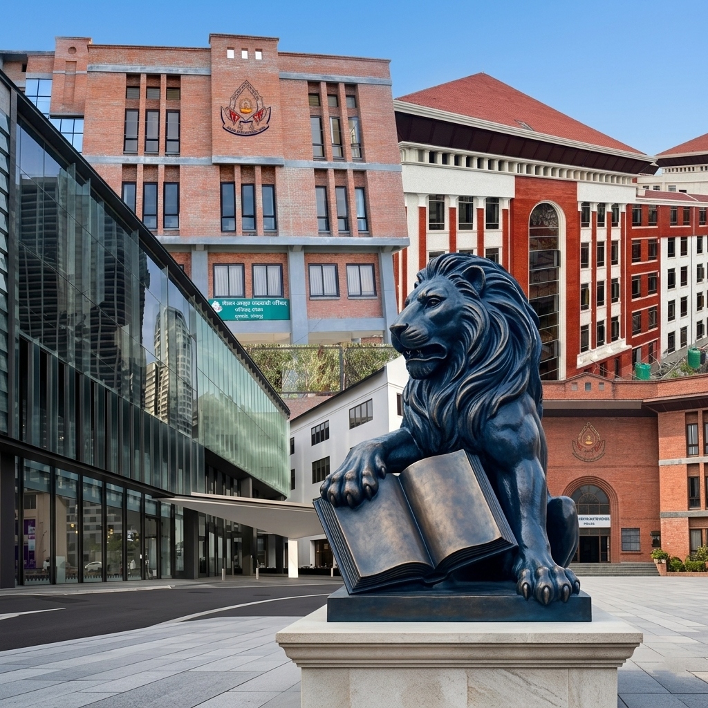 A bronze lion statue holding a law book in front of corporate and court buildings, representing strong legal advocacy and research-driven litigation