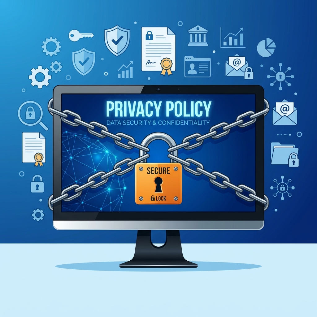 Privacy Policy banner showing a secure monitor and padlock illustration